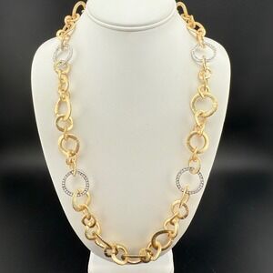 Chunky Gold Tone Link Chain Necklace Rhinestone Accents Toggle Clasp